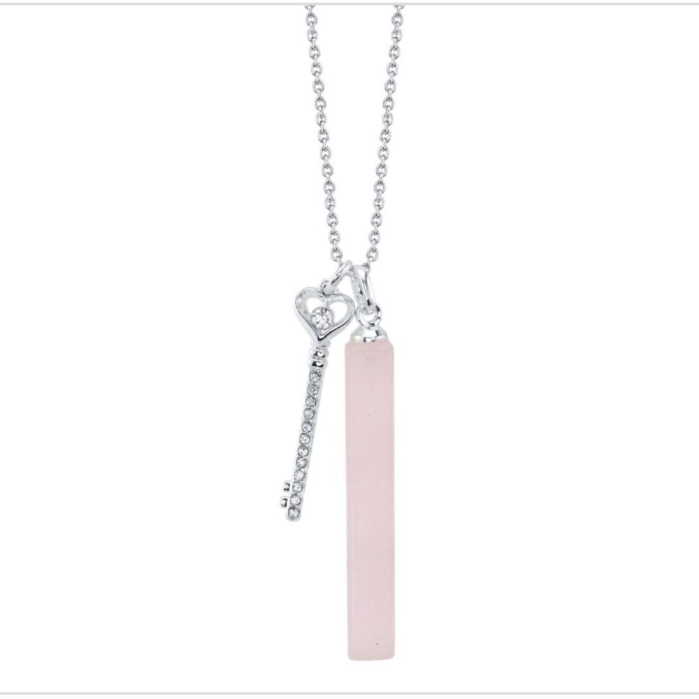 Unwritten Pave Crystal Key and Genuine Rose Quartz Stone Bar Necklace - Silver